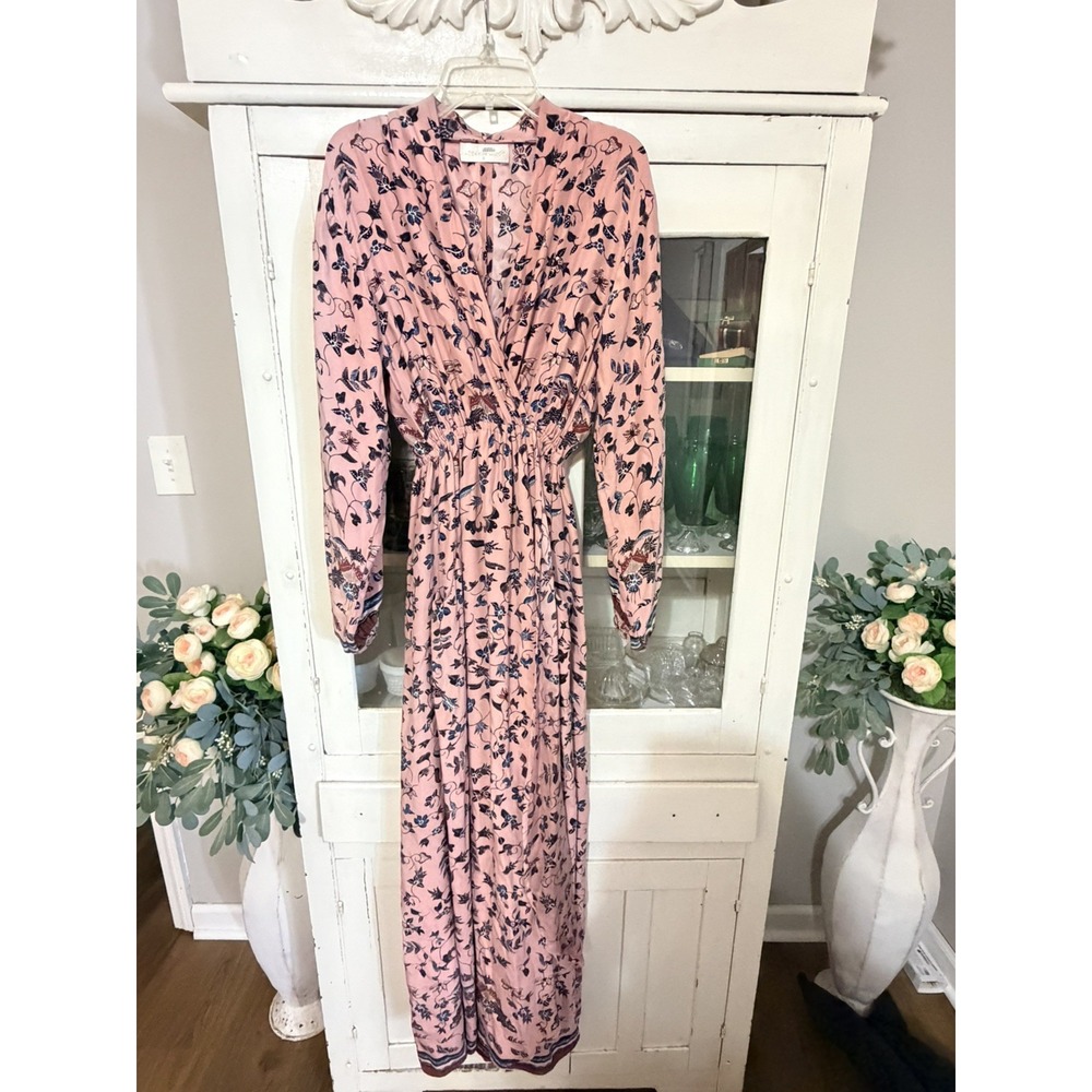 Natalie Martin Dress 100% Silk Maxi Dress Small Pink Floral Long Sleeve Boho